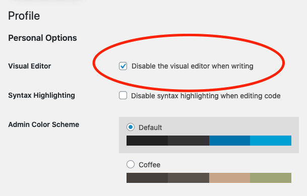 WordPress Profile Disable Visual Editor