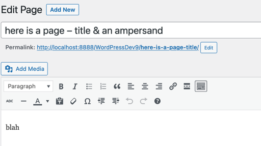 Edit Page here is a page title an ampersand Self hosted Test WordPress