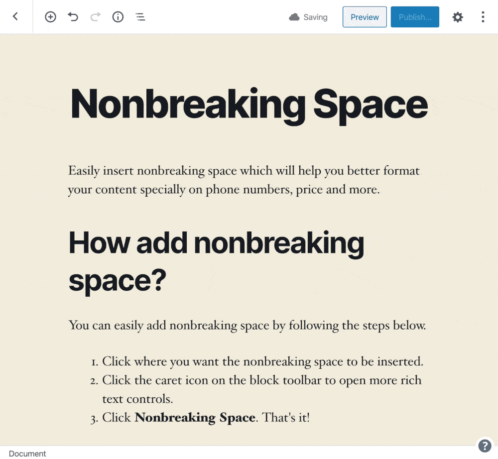 Gutenberg block editor add nonbreaking space
