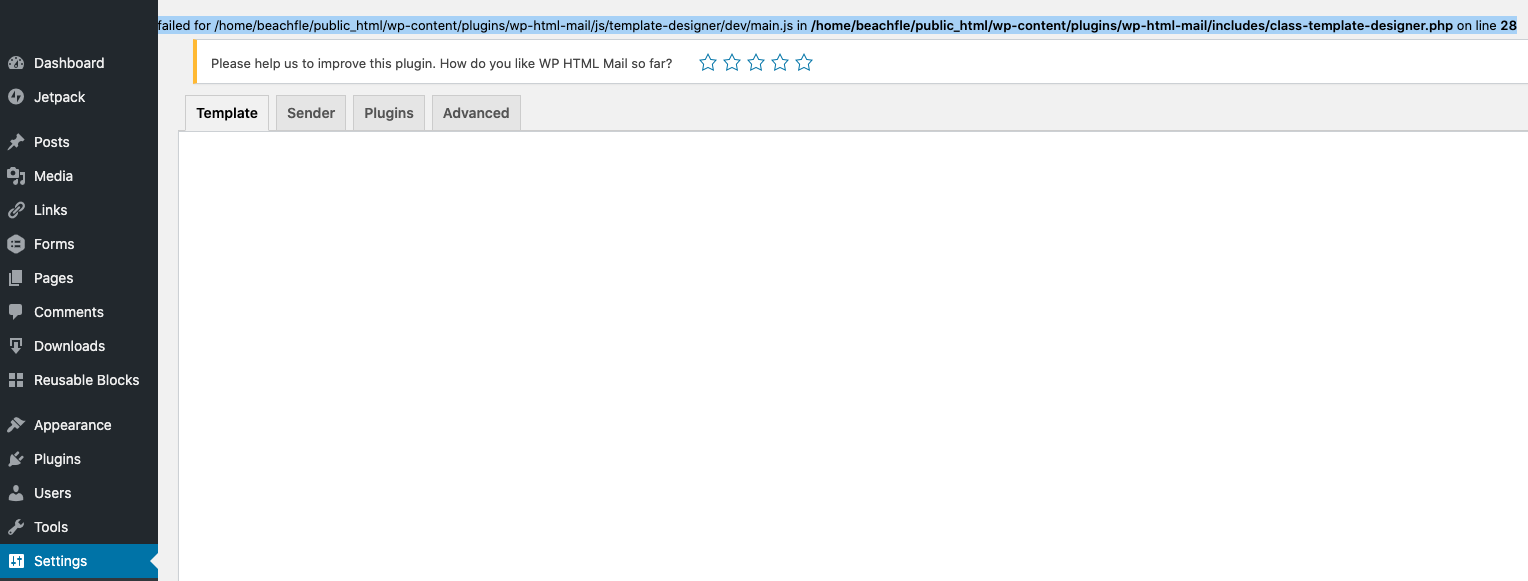 screenshot of error in wp-admin