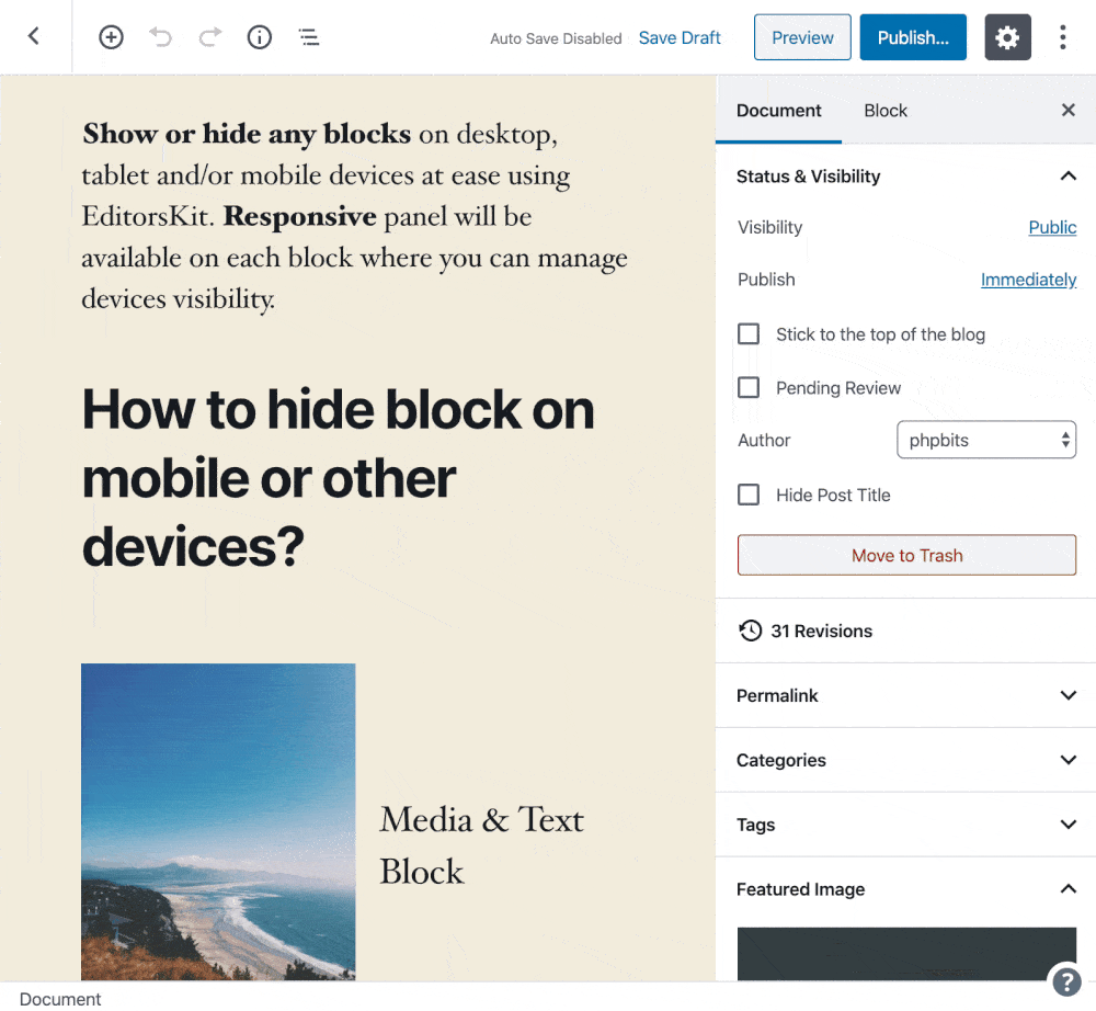 Gutenberg block editor hide block on mobile