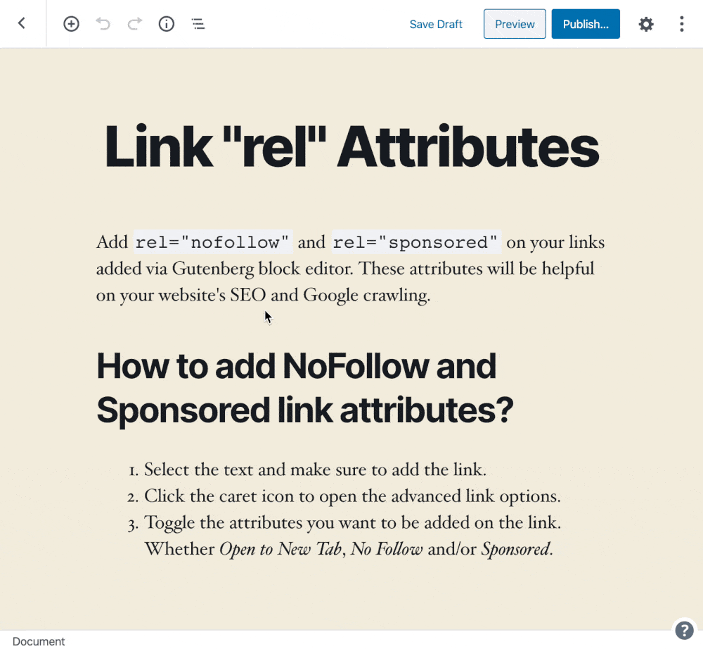 Gutenberg block editor adding nofollow link attributes