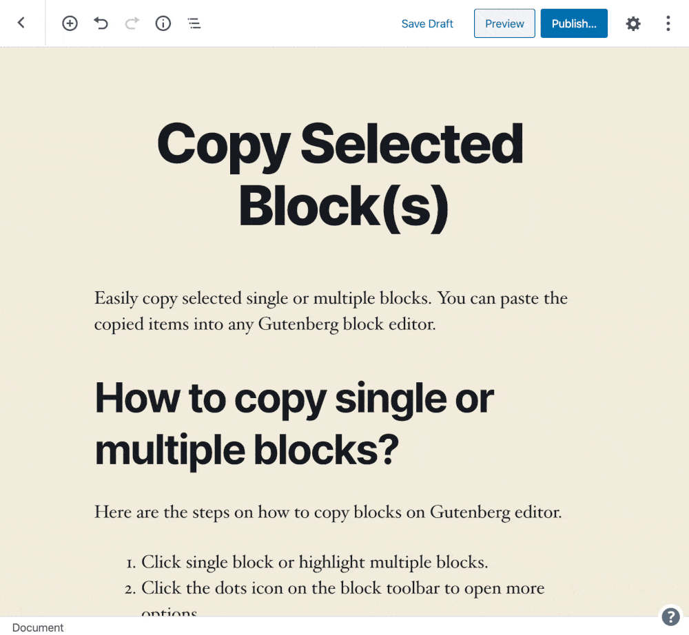 Gutenberg block editor copy single or multiple blocks