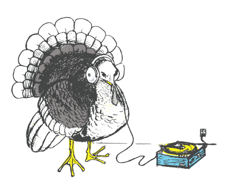 a turkey wearing headphones listening to a phonograph, the music is probably dubstep