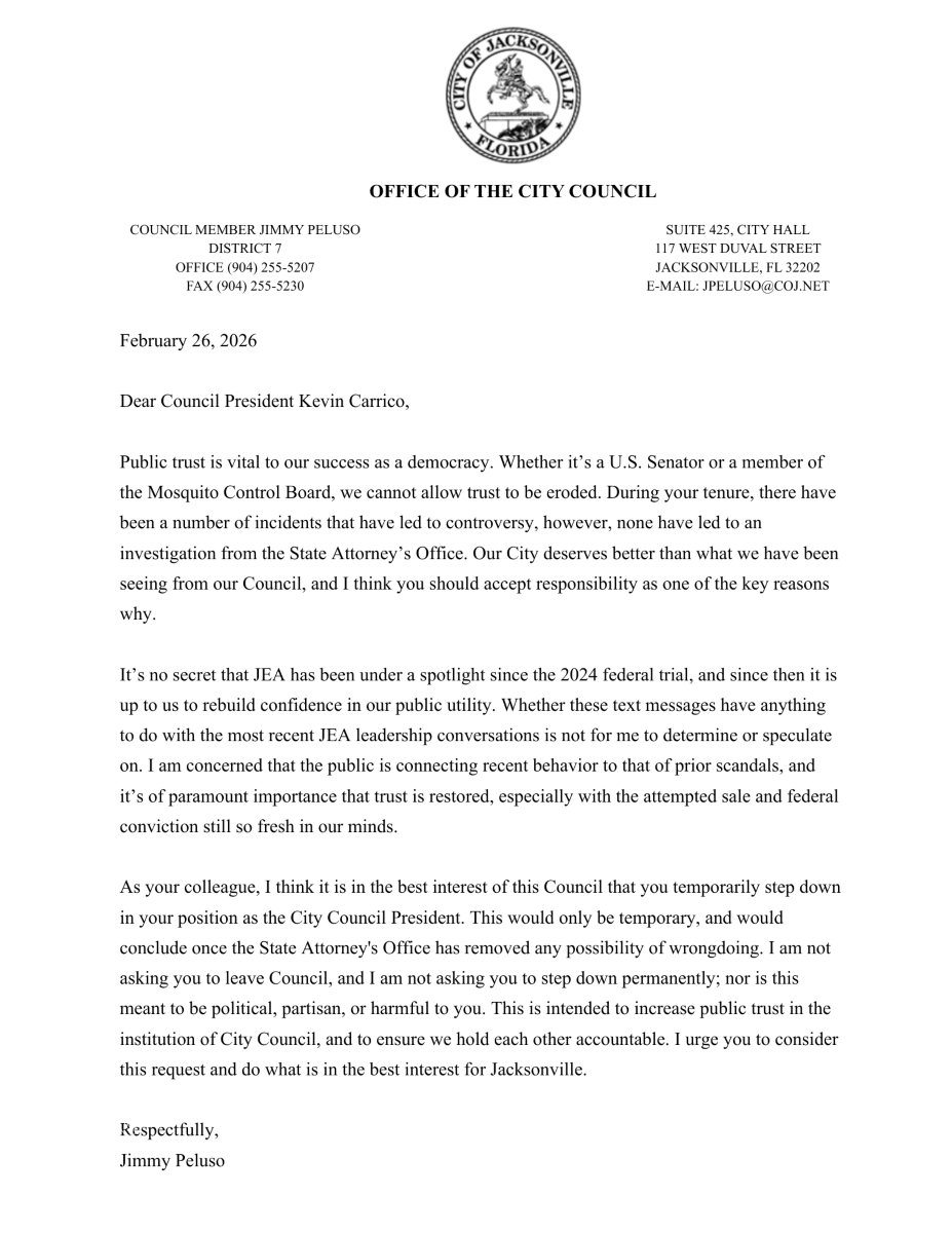 Council Member Jimmy Peluso Letter to Council President RE Resignation