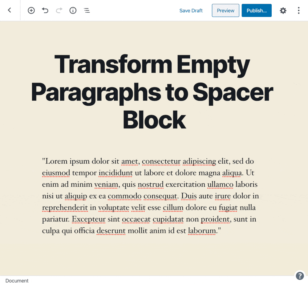 Gutenberg block editor transform empty paragraphs to spacer block