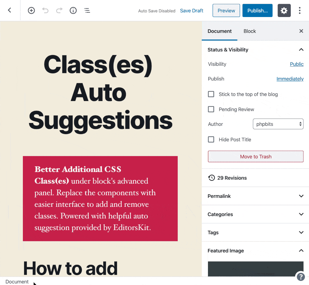 Gutenberg block editor custom classes auto suggestions