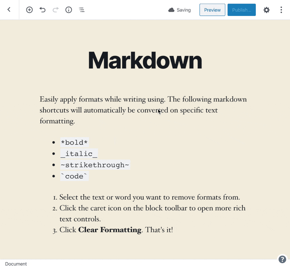 Gutenberg block editor markdown formatting shortcuts