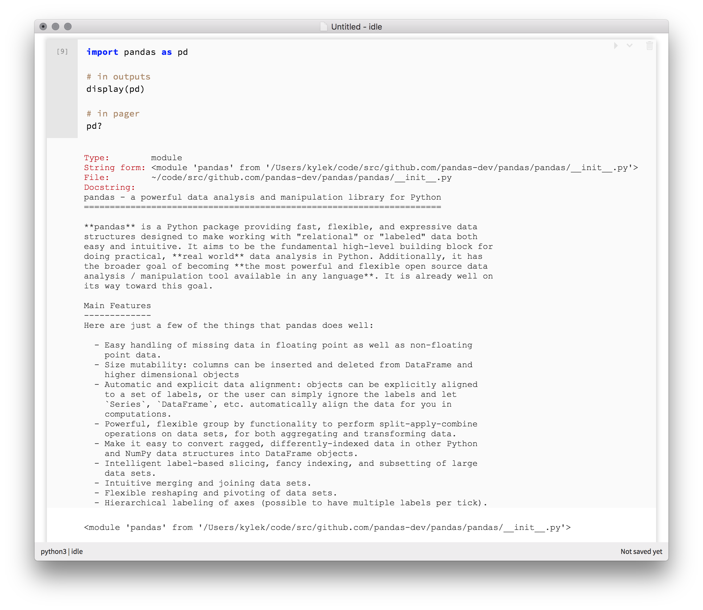 A screenshot containing an example of a code cell that uses both outputs and pagers.