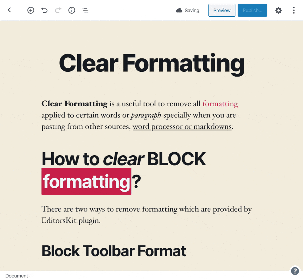 Gutenberg block editor clear formatting