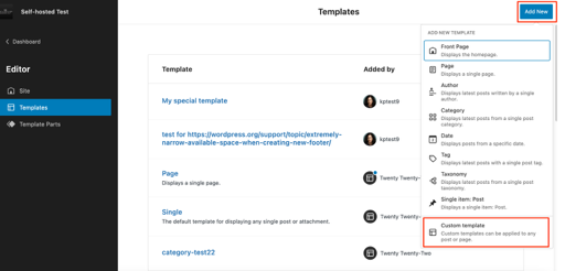 Templates Self hosted Test WordPress