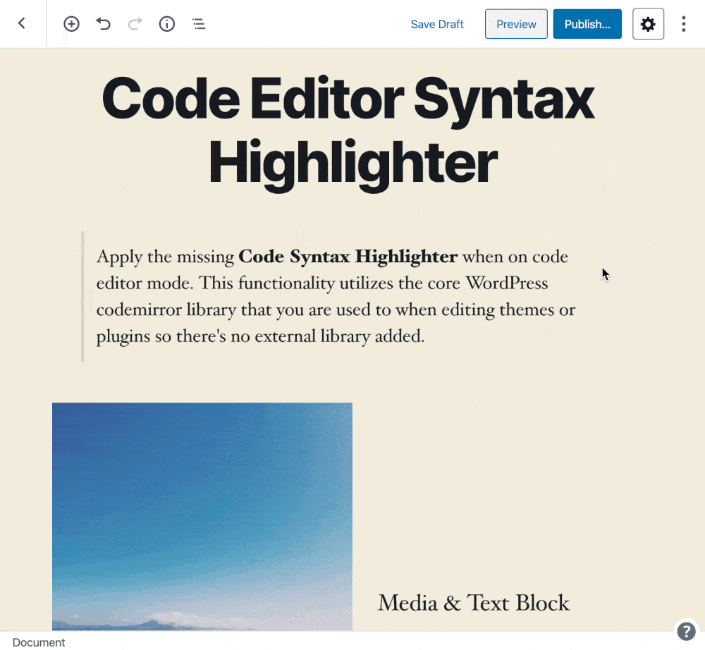 Gutenberg block editor code editors syntax highlighter