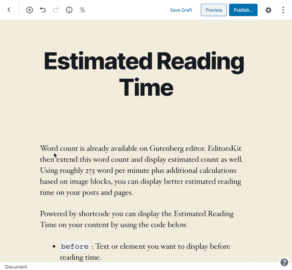 Gutenberg block editor estimated reading time