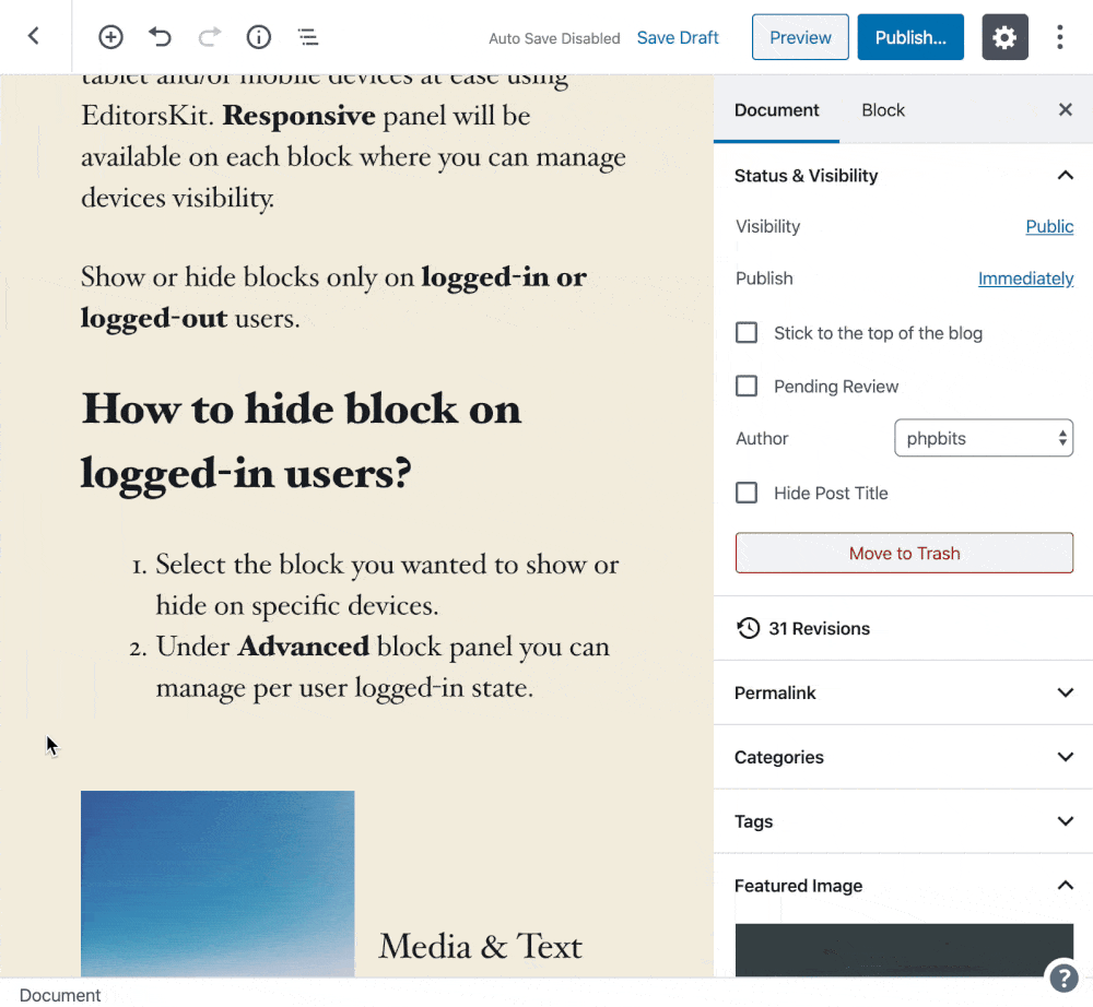 Gutenberg block editor hide block on loggedin users