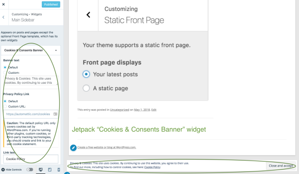 Jetpack cookies widget