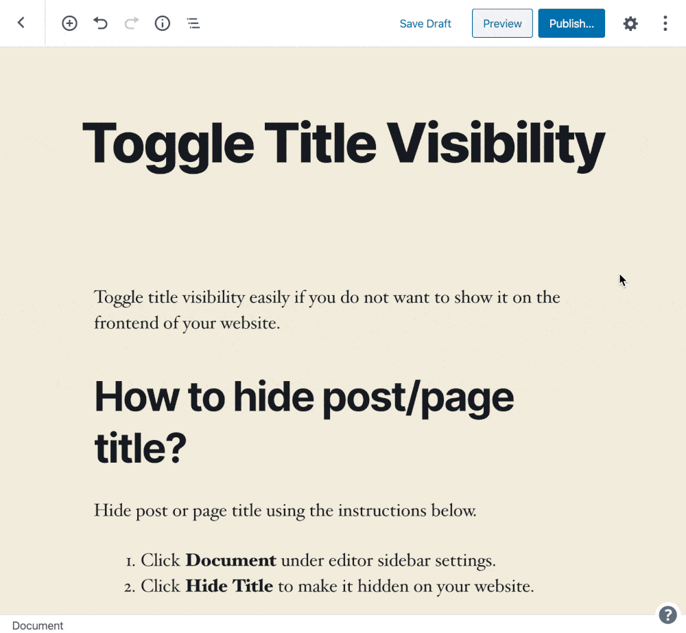 Gutenberg block editor hide title