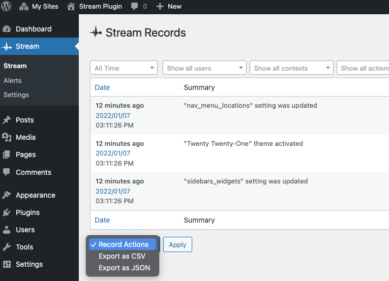 Export Stream records as JSON or CSV