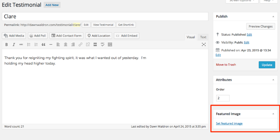 Edit Testimonial Dawn Waldron WordPress