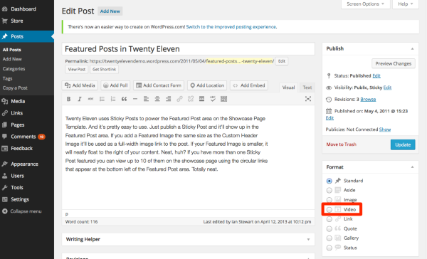 Edit Post Twenty Eleven WordPress