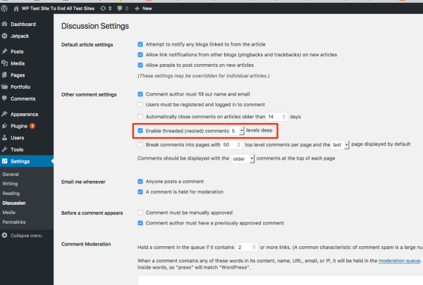 Discussion Settings WP Test Site To End All Test Sites WordPress 1