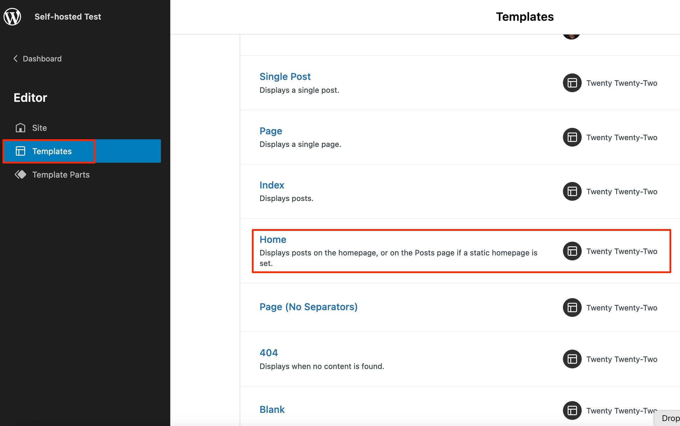 Templates Self hosted Test WordPress