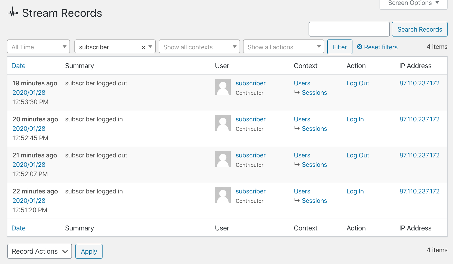 List of contributor user actions