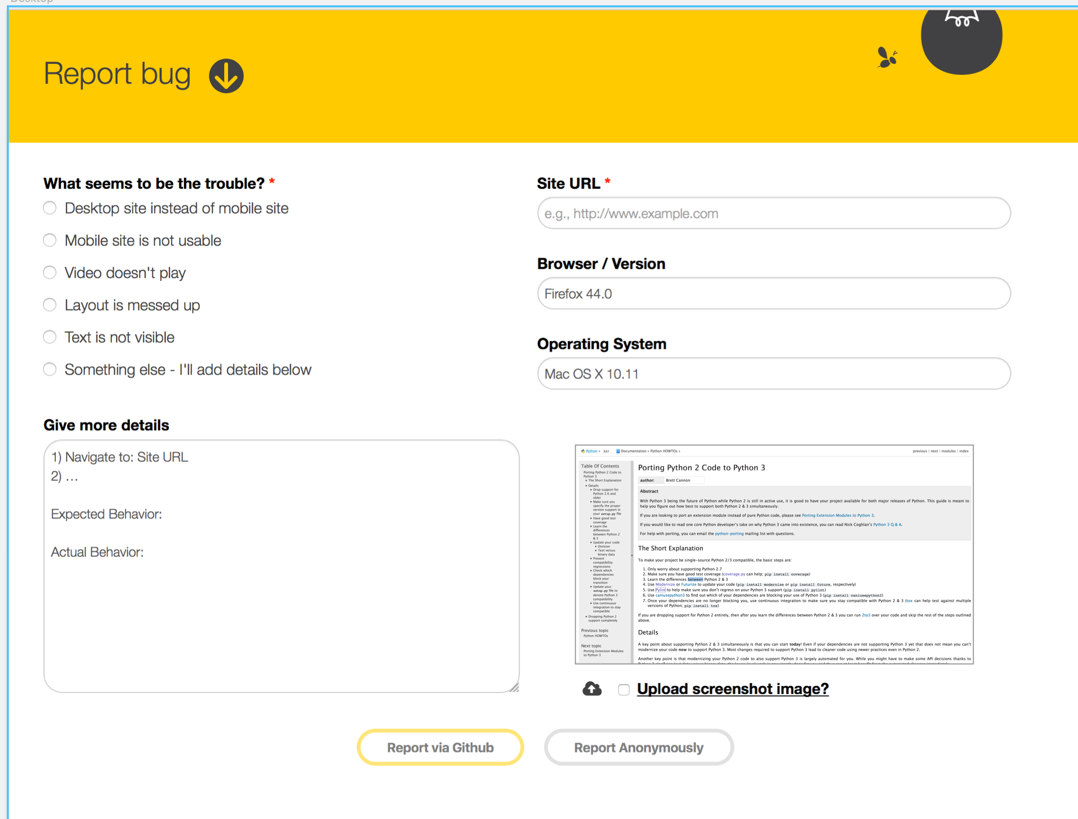 Create UI for including screenshot in bug report · Issue #867 ...