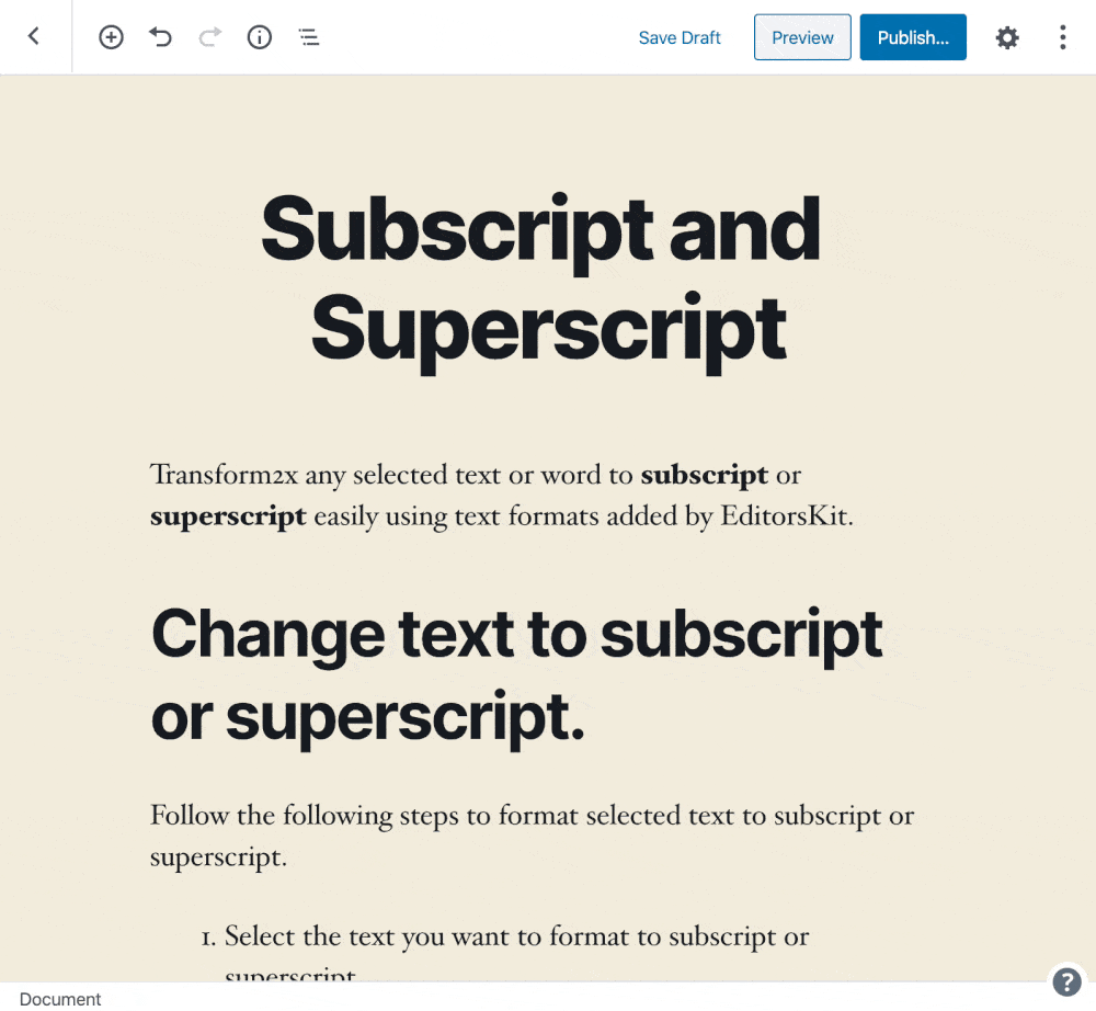 Gutenberg block editor subscript or superscript formats
