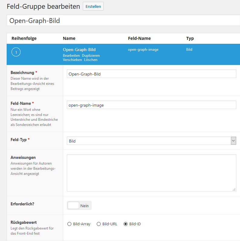 Screenshot einer Bearbeitungsansicht eines Bild-Feldes im Advanced-Custom-Fields-Plugin