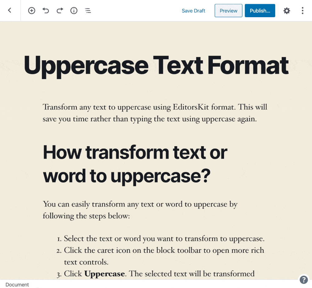 Gutenberg block editor uppercase text transform