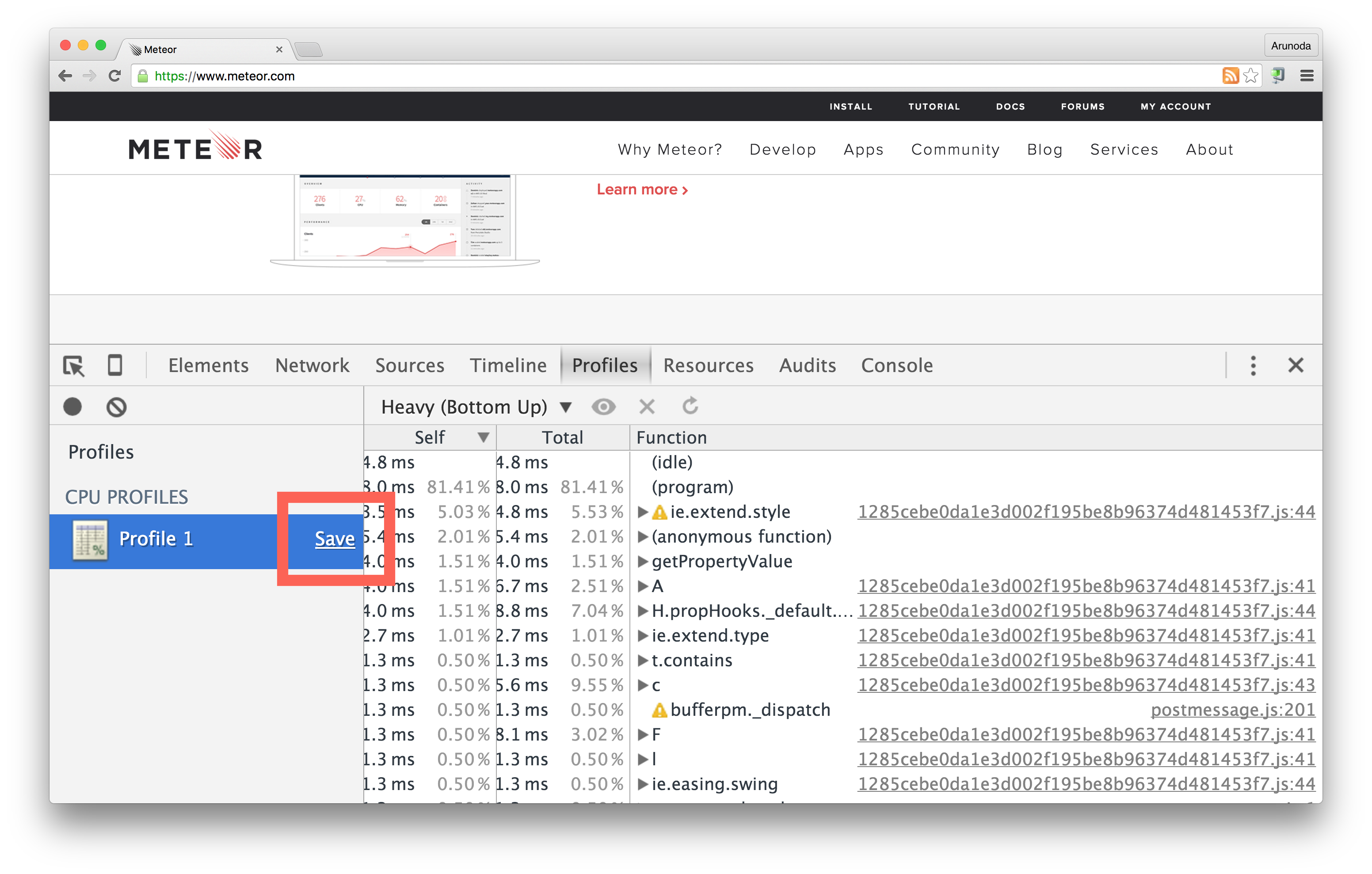Save button on the chrome profiler