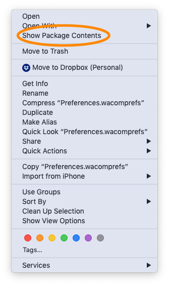 Context menu for Preferences.wacomprefs on macOS