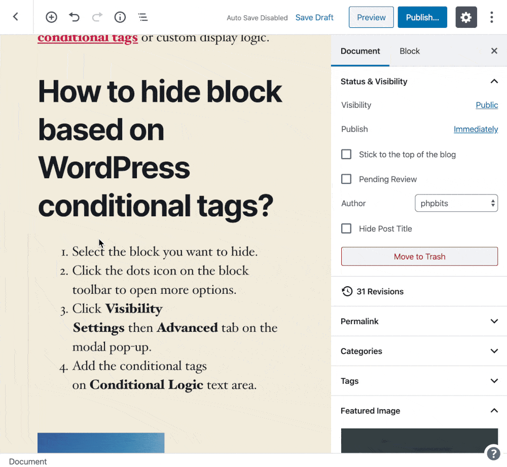 Gutenberg block editor hide block on conditional tags