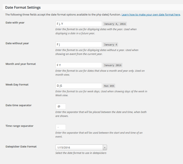 Tribe date format settings
