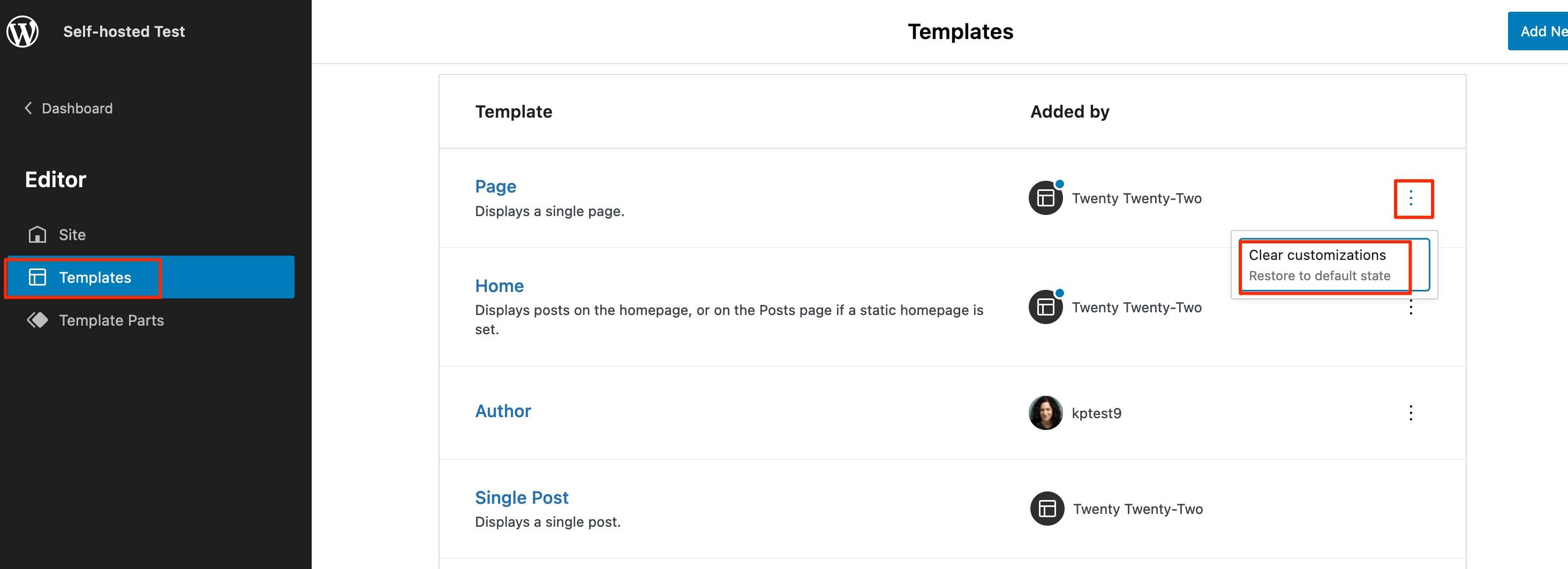 Templates Self hosted Test WordPress