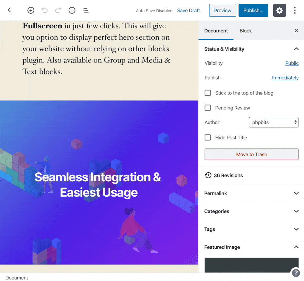 Gutenberg block editor fullscreen cover blocks