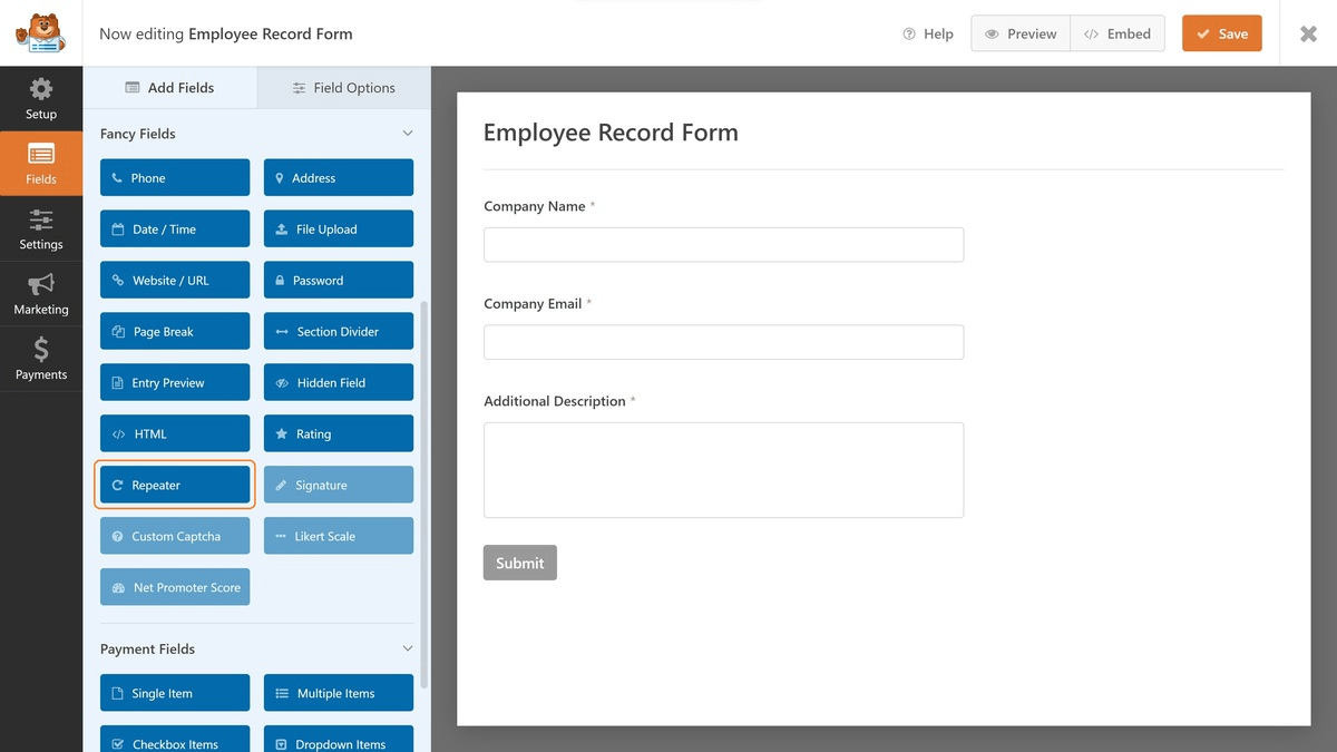 WPForms Employee Record form