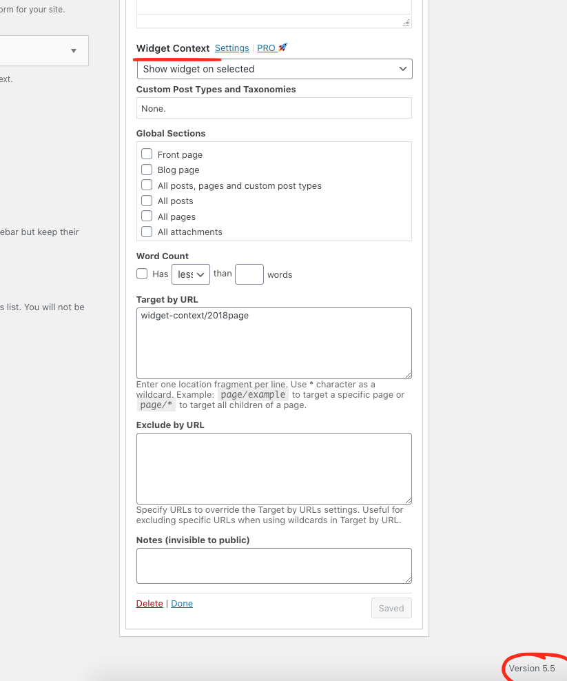 Widget Context settings under each widget in WordPress 5.5